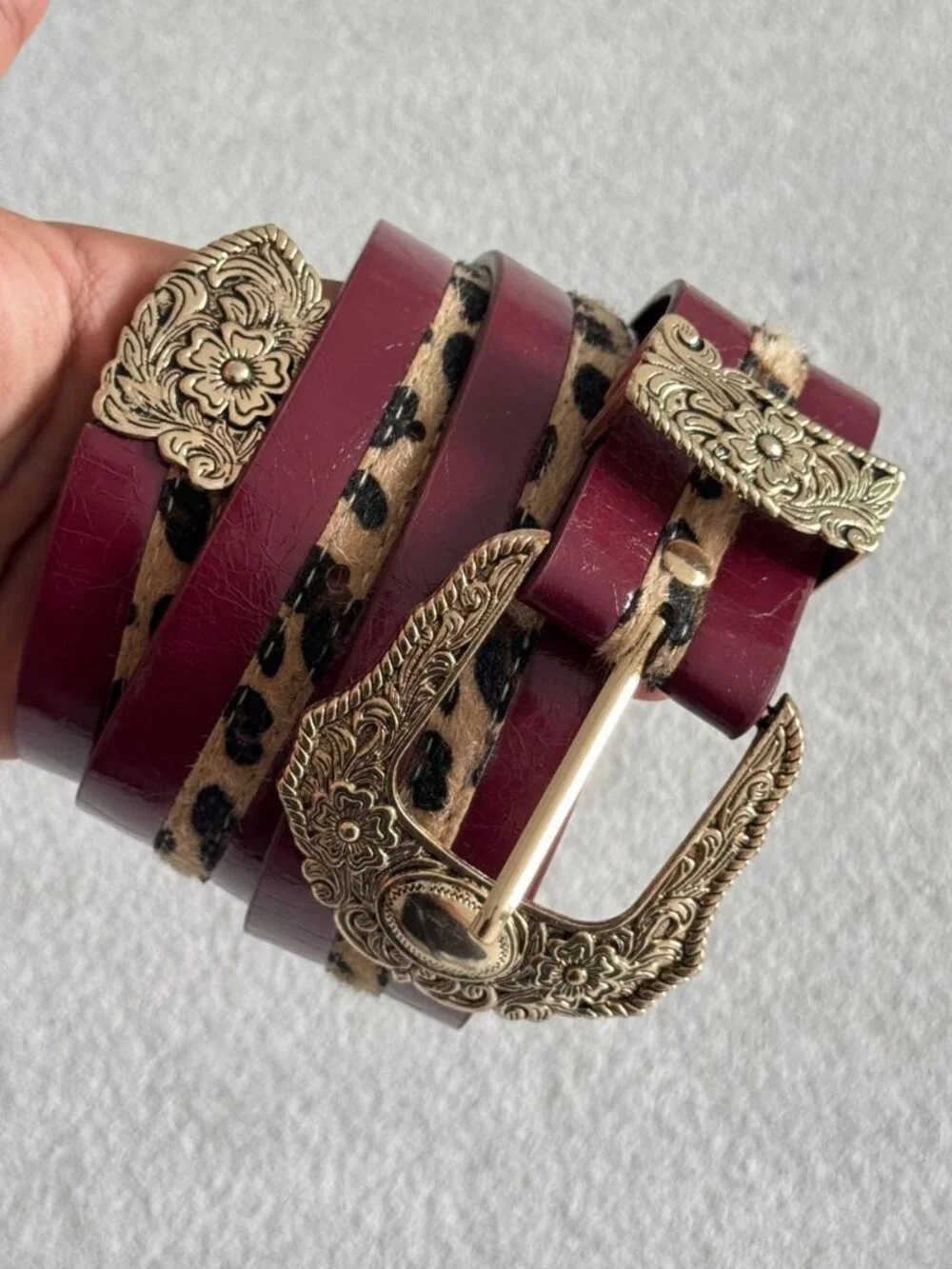 Burgundy Leopard Print Western Statement Belt